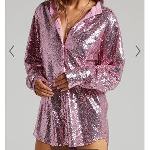 OVERSIZED SHIRT DRESS IN PINK SEQUIN